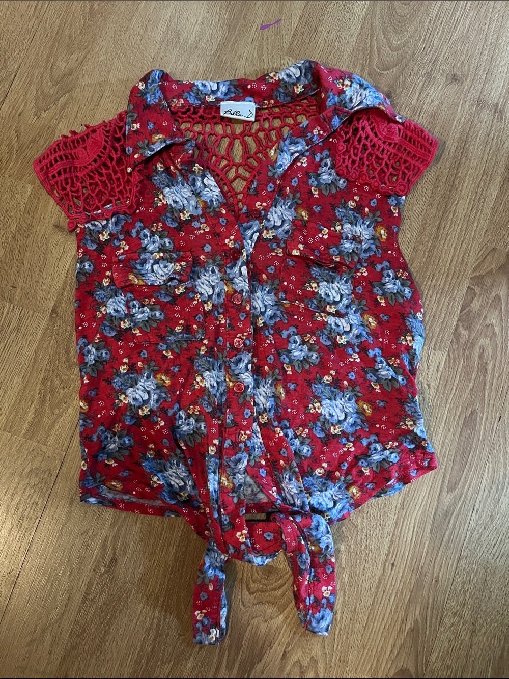 Bella D. Red Floral Crochet-Sleeve Tie-Front Blouse